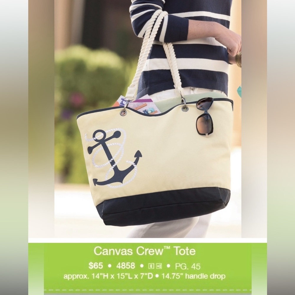 ⚓️Thirty One Canvas Crew Natural w/Navy Anchor Double Rope Handles Nautical⚓️